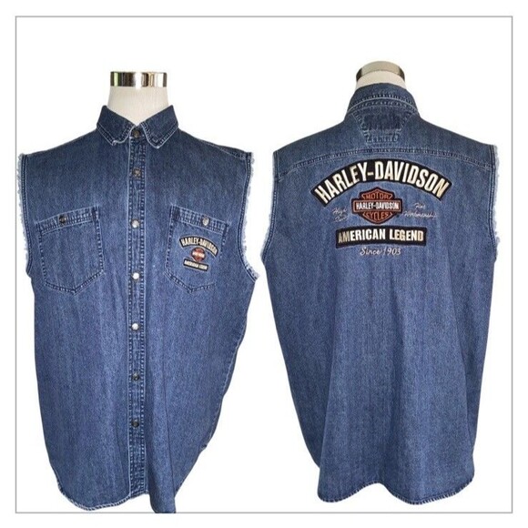 Harley Davidson Sleeveless Denim Vest Men’s 2XL Gold Snap Trucker Jacket